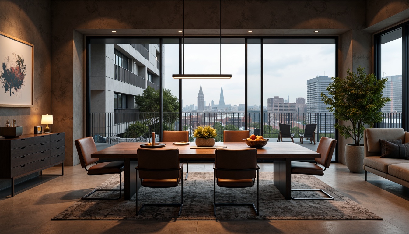 Prompt: Contemporary dining room, sleek wooden table, minimalist chairs, elegant pendant lights, warm ambient glow, soft candlelight, floor-to-ceiling windows, natural daylight, urban cityscape view, concrete floors, industrial-chic decor, metallic accents, bold color scheme, abstract artwork, modern chandelier, layered lighting effects, 1/2 composition, shallow depth of field, realistic textures, ambient occlusion.