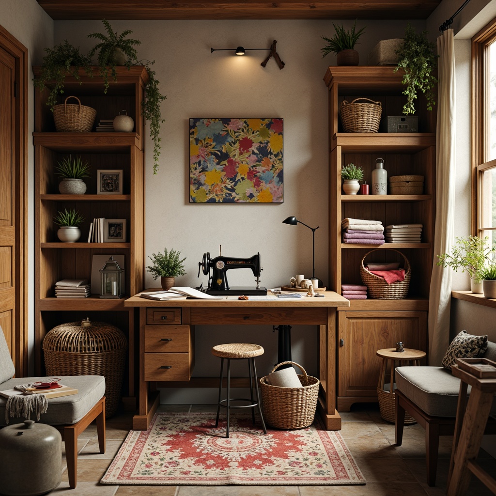 Prompt: Cozy craft room, wooden worktable, vintage sewing machine, colorful fabric scraps, woven baskets, distressed wood shelves, rustic metal lanterns, natural stone floors, plush area rug, soft warm lighting, 1/2 composition, shallow depth of field, realistic textures, ambient occlusion, earthy tone color palette, organic shapes, tactile materials.