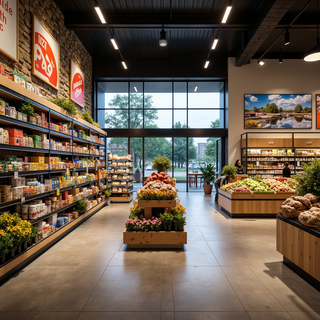 Prompt: Vibrant grocery store interior, modern shelving units, colorful product displays, LED lighting, polished concrete floors, spacious aisles, promotional signage, attractive point-of-purchase displays, wooden accents, natural stone walls, large glass windows, daylight illumination, shallow depth of field, 1/2 composition, realistic textures, ambient occlusion, fresh produce stands, dairy product coolers, bakery sections, floral arrangements, inviting shopping atmosphere, soft warm lighting.