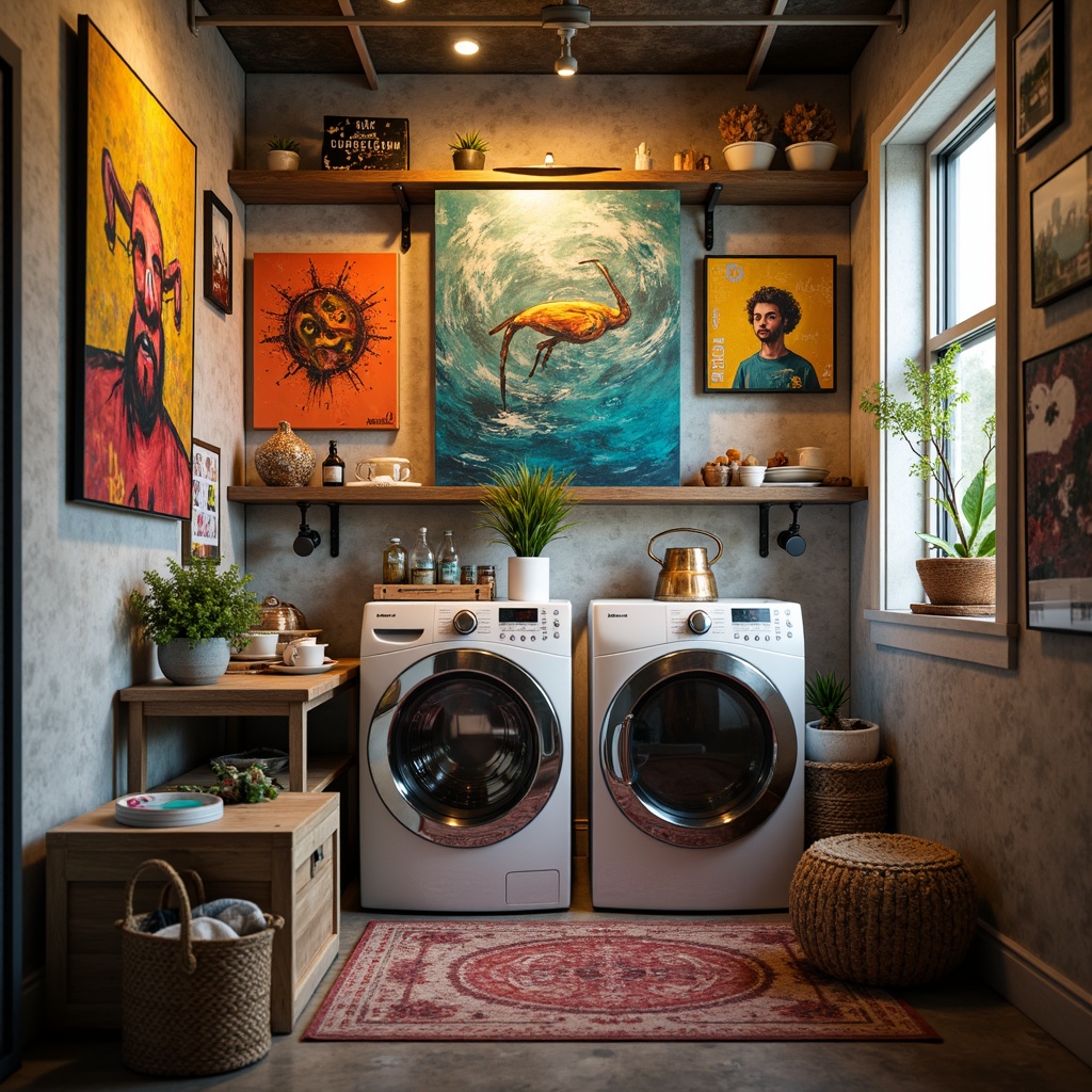 Prompt: Vibrant laundry room, expressionist art pieces, bold brushstroke patterns, textured walls, distressed wood accents, industrial metal fixtures, eclectic decorative objects, playful color palette, whimsical lighting fixtures, soft warm glow, shallow depth of field, 1/2 composition, intimate atmosphere, realistic fabric textures, ambient occlusion.