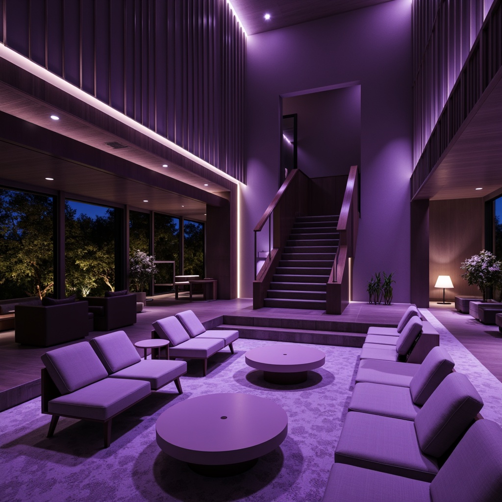 Prompt: Monochromatic purple tone, minimalist modern architecture, sleek metal accents, subtle gradient effects, clean lines, simple shapes, calming atmosphere, soft warm lighting, shallow depth of field, 3/4 composition, realistic textures, ambient occlusion, luxurious interior design, lavish velvet fabrics, rich wood tones, sophisticated furniture pieces, elegant decorative elements, artistic installations, moody evening ambiance.