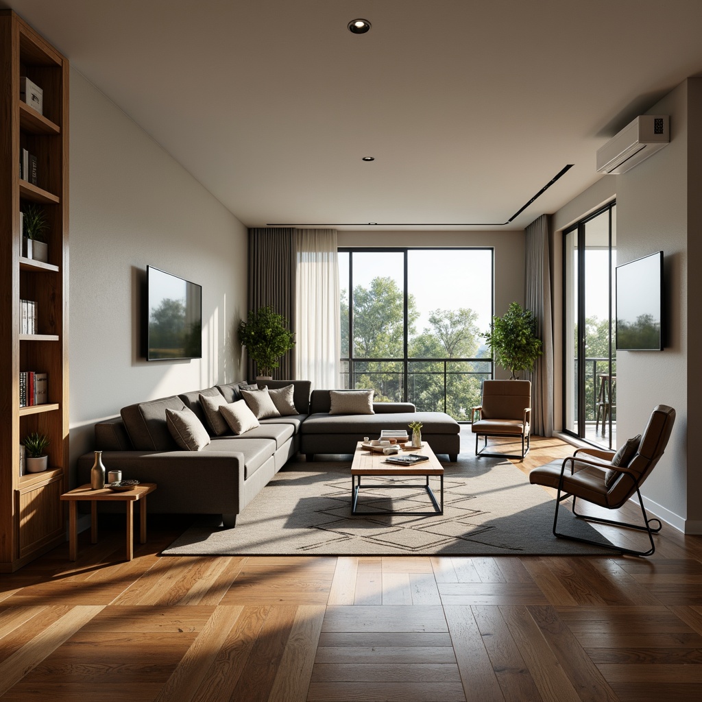 Prompt: Modern living room, sleek wooden floors, minimalist decor, L-shaped sofas, ergonomic chairs, adjustable coffee tables, floor lamps, geometric rugs, wall-mounted TVs, concealed storage units, sliding glass doors, natural light pouring in, warm ambient lighting, shallow depth of field, 3/4 composition, panoramic view, realistic textures, ambient occlusion.