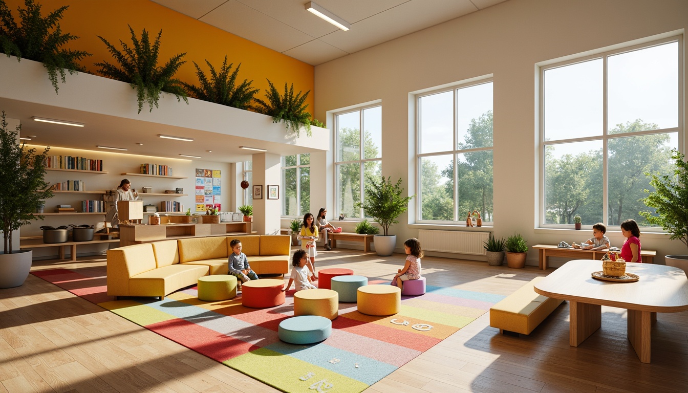 Prompt: Vibrant kindergarten interior, modern minimalist style, eco-friendly flooring options, soft plush carpet tiles, warm wood grain patterns, bright colorful rugs, educational alphabet and number mats, interactive play areas, acoustic sound-absorbing materials, ergonomic seating arrangements, circular gathering spaces, abundant natural light, floor-to-ceiling windows, gentle ambient lighting, shallow depth of field, 1/2 composition, realistic textures, soft focus effect.