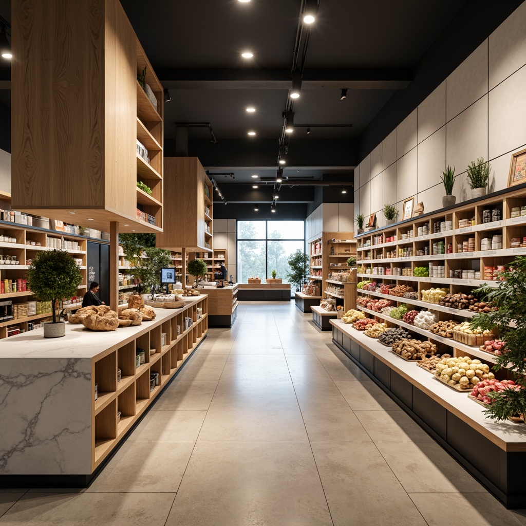 Prompt: Minimalist grocery store interior, soft warm lighting, subtle shadows, recessed LED lights, clean lines, minimal decor, industrial chic shelving units, polished concrete floors, white marble countertops, neutral color palette, ambient occlusion, shallow depth of field, 1/1 composition, realistic textures, calm atmosphere, morning light, gentle highlights, subtle contrasts.