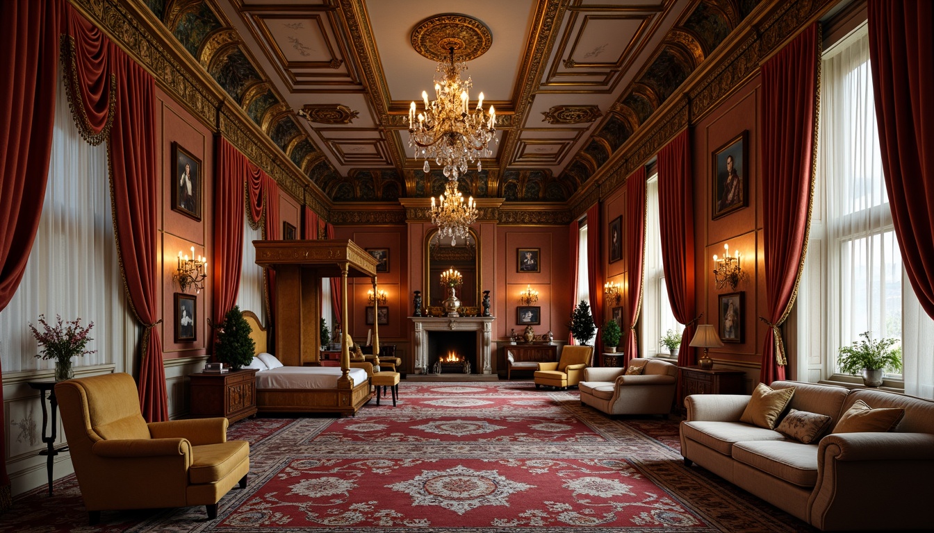 Prompt: Ornate palace interior, luxurious velvet drapes, golden gilded frames, intricately carved wooden furniture, regal throne chairs, opulent crystal chandeliers, richly patterned rugs, majestic four-poster beds, lavishly upholstered sofas, ornamental mirrors, grandiose marble fireplaces, dramatic coved ceilings, soft warm candlelight, 1/2 composition, symmetrical arrangement, realistic textures, ambient occlusion.