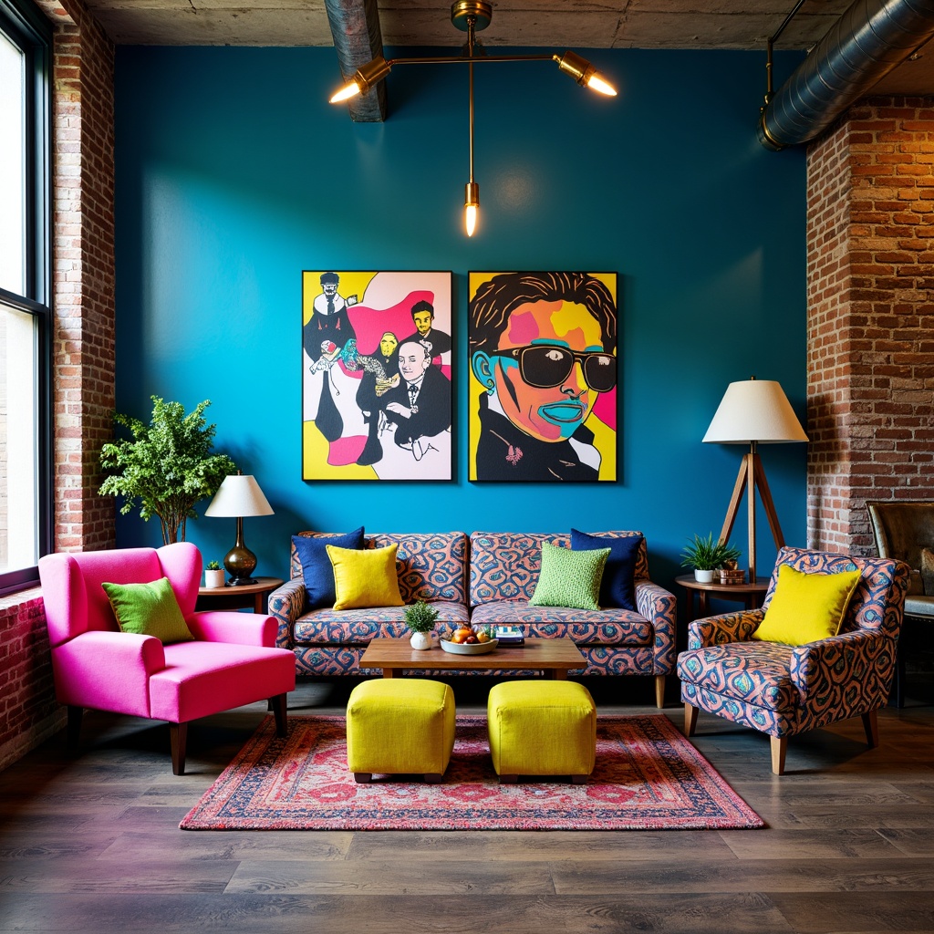 Prompt: Vibrant living room, bold eclectic furniture, mismatched patterned upholstery, distressed wood accents, ornate metal decorations, avant-garde artwork, neon color scheme, electric blue walls, hot pink accent chairs, sunshine yellow ottomans, lime green throw pillows, bold geometric patterns, abstract expressionist paintings, industrial chic lighting fixtures, exposed brick walls, reclaimed wood floors, urban loft atmosphere, dramatic shadows, high contrast lighting, 1/2 composition, cinematic angles, gritty textures, stylized reflections.