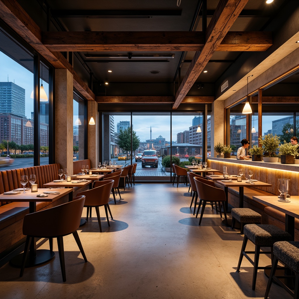 Prompt: Modern restaurant interior, sleek lines, minimal decor, industrial chic, reclaimed wood accents, metal beams, polished concrete floors, cozy booths, plush banquettes, ergonomic chairs, stylish bar stools, LED lighting, warm ambiance, urban atmosphere, bustling cityscape, evening twilight, shallow depth of field, 1/1 composition, realistic textures.