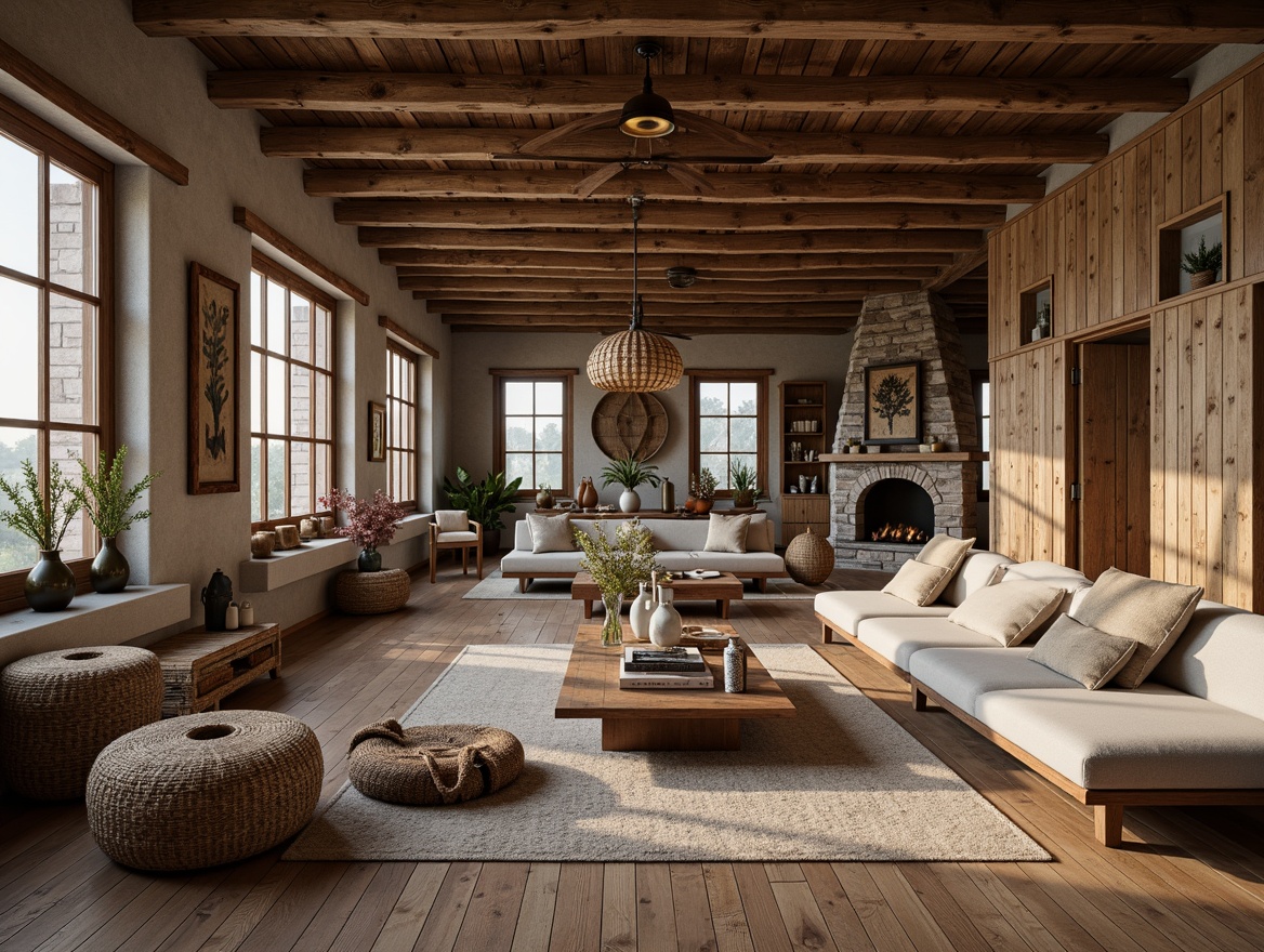 Prompt: Rustic farmhouse interior, reclaimed wood accents, distressed finishes, vintage decor, earthy tones, natural textiles, woven baskets, ceramic vases, pendant lighting, wooden beams, stone fireplaces, cozy nooks, plush throw blankets, soft warm lighting, shallow depth of field, 1/1 composition, realistic textures, ambient occlusion.