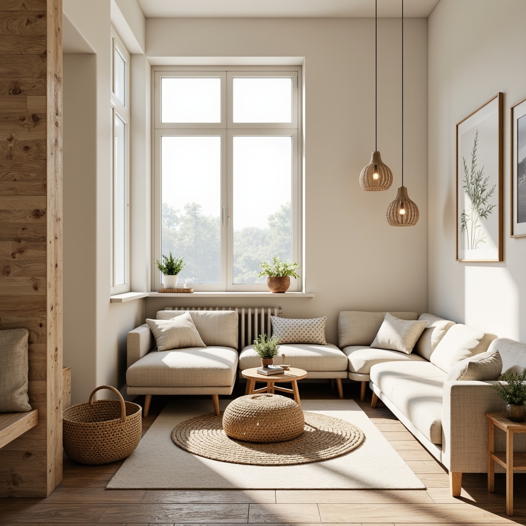 Prompt: Light-filled Scandinavian living room, cream-colored walls, textured wood accents, minimalist decor, cozy atmosphere, warm beige furniture, natural linen fabrics, woven baskets, pendant lighting, wooden floorboards, subtle grain patterns, soft shadow effects, 1/1 composition, intimate scale, realistic normal maps, ambient occlusion.