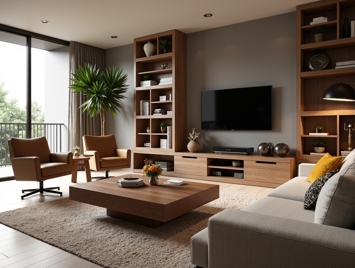 Prompt: Modern living room, sleek coffee table, comfortable sectional sofa, wooden TV stand, minimalist decor, soft warm lighting, neutral color palette, functional storage units, ergonomic chairs, stylish bookshelves, floor-to-ceiling windows, natural fiber rugs, vibrant accent pillows, metallic decorative accents, 3/4 composition, shallow depth of field, realistic textures.