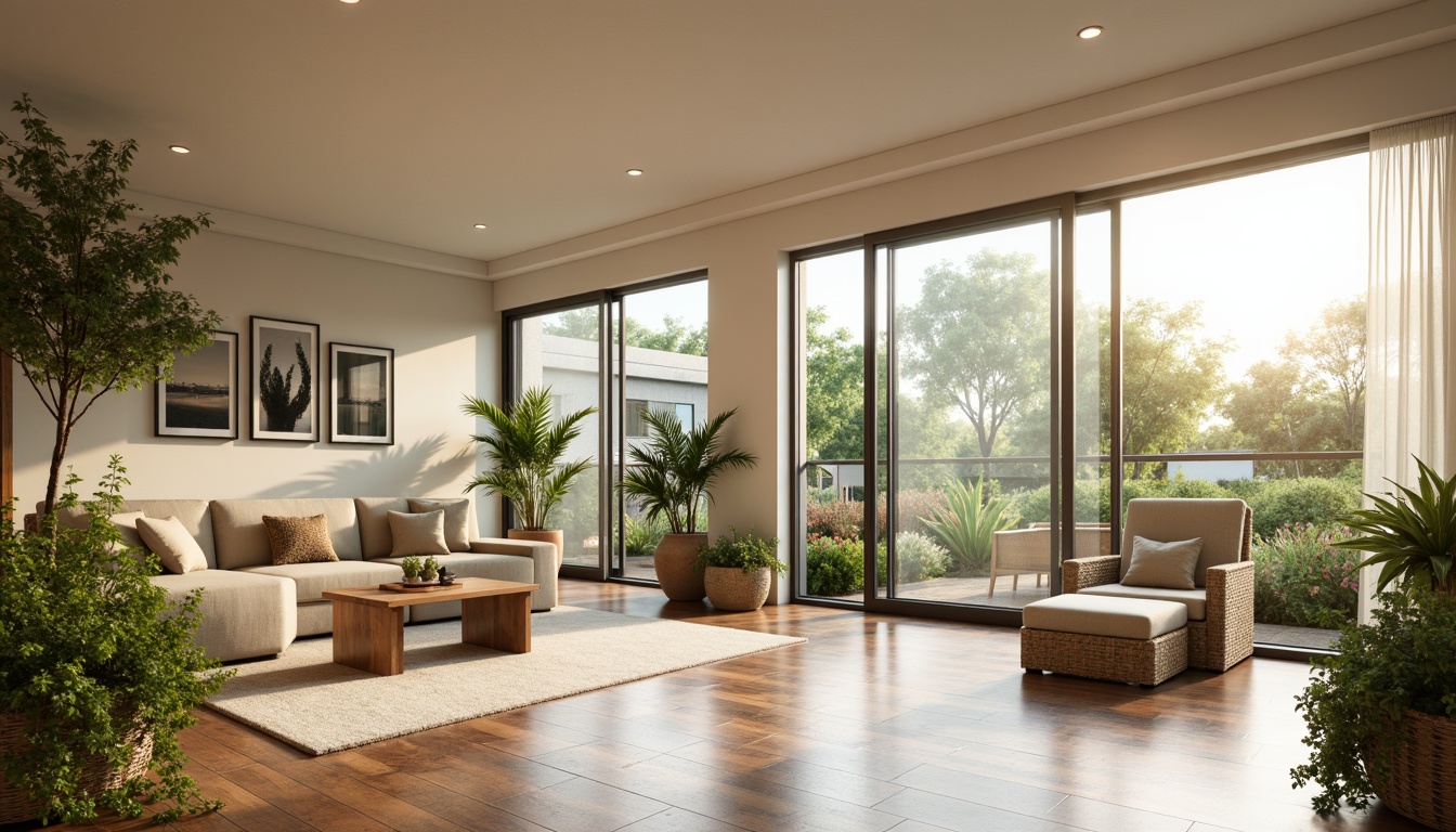 Prompt: Spacious open-plan living room, floor-to-ceiling windows, sliding glass doors, minimal obstruction, reflective surfaces, creamy white walls, polished wooden floors, rustic accents, lush greenery, overflowing plants, natural textiles, woven baskets, earthy tones, warm beige colors, soft diffused lighting, morning sunbeams, afternoon warmth, panoramic views, blurred background, 1/1 composition, realistic rendering, ambient occlusion.