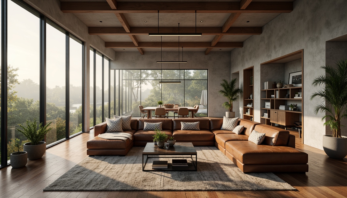 Prompt: Rugged family room, brutalist architecture, concrete walls, industrial-style lighting, reclaimed wood flooring, minimalist decor, oversized sectional sofa, distressed leather upholstery, geometric-patterned throw pillows, metallic coffee table, potted plants, natural textiles, earthy color palette, dramatic ceiling height, floor-to-ceiling windows, abundant natural light, warm ambient glow, 1/1 composition, atmospheric fog effect, high-dynamic-range imaging, cinematic lighting.