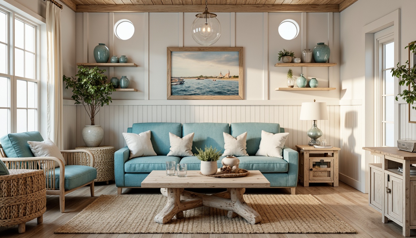 Prompt: Driftwood coffee table, woven rattan armchairs, ocean-blue velvet sofas, natural linen upholstery, reclaimed wood shelves, nautical rope accents, coral-inspired vases, sea-glass pendant lights, whitewashed wooden walls, coastal-themed artwork, sandy-beige area rugs, porthole-style windows, salty air atmosphere, warm golden lighting, shallow depth of field, 2/3 composition, relaxed casual style, realistic textures, ambient occlusion.