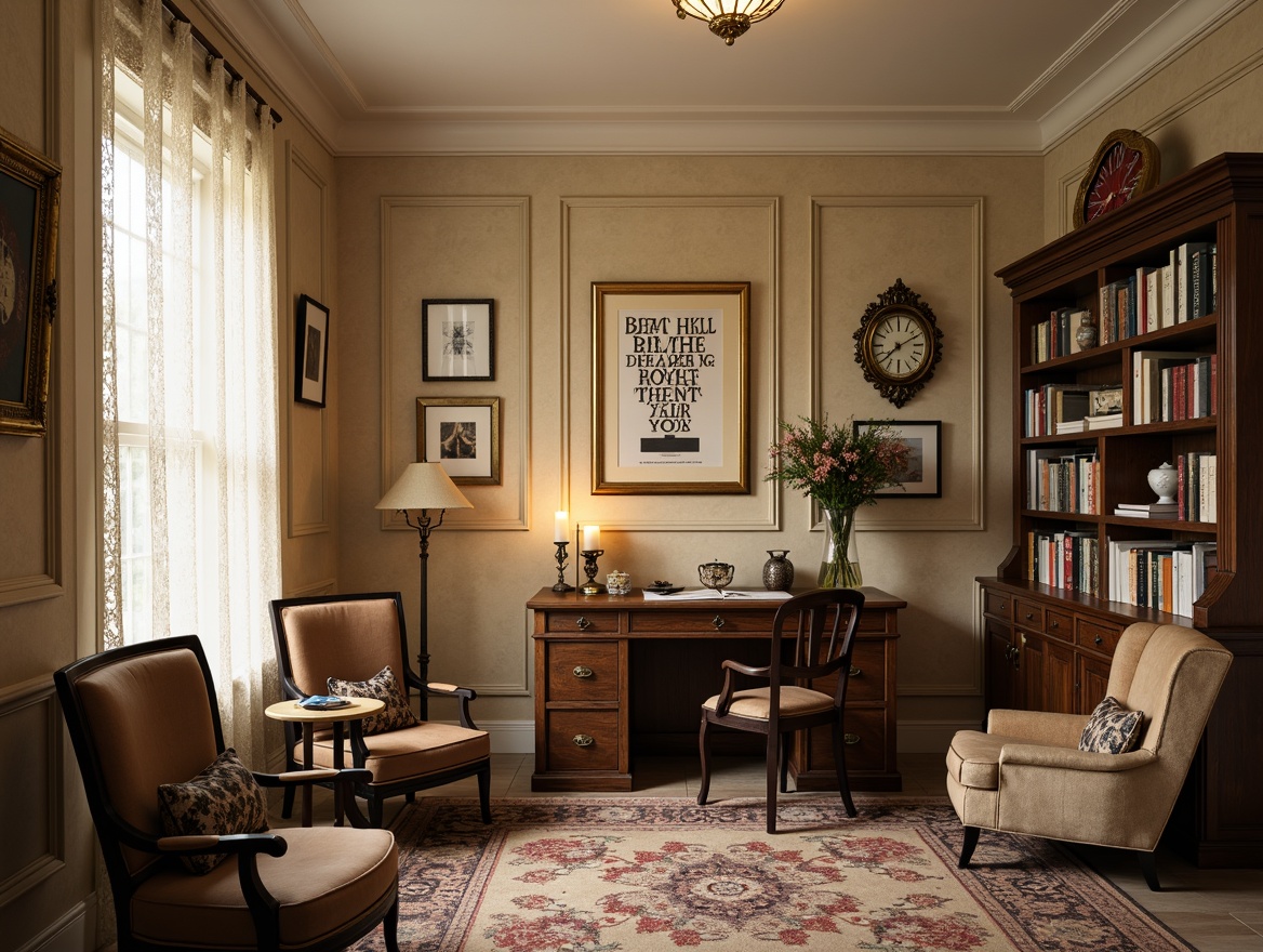 Prompt: Distressed wooden desk, vintage metal chair, worn leather armchair, antique bookshelf, lace curtains, floral patterned rug, soft beige walls, warm candle lighting, ornate gold frames, distressed finish, elegant typography, natural wood textures, rustic decorative accents, classic clock, ornate mirror, plush velvet pillows, delicate porcelain vases, warm beige color palette, 1/2 composition, cozy atmosphere, shallow depth of field.