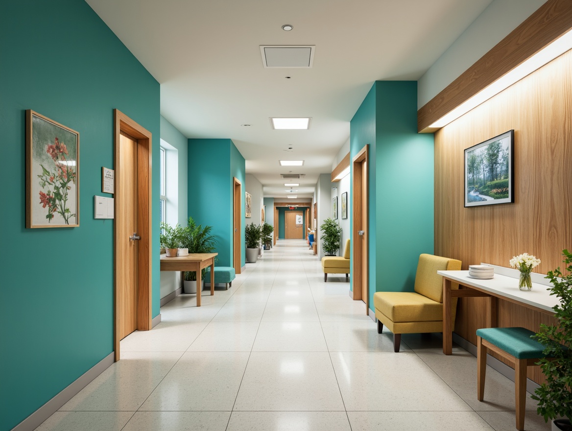 Prompt: Sterile hospital corridors, calming blue-green walls, natural wood accents, antimicrobial surfaces, durable flooring, easy-to-clean materials, non-porous countertops, stain-resistant upholstery, warm ambient lighting, soothing color schemes, minimalist decor, functional furniture, ergonomic design, accessible layouts, quiet acoustic environments, advanced air filtration systems, UV-C light disinfection, calming nature-inspired art pieces, comfortable waiting areas, peaceful patient rooms.