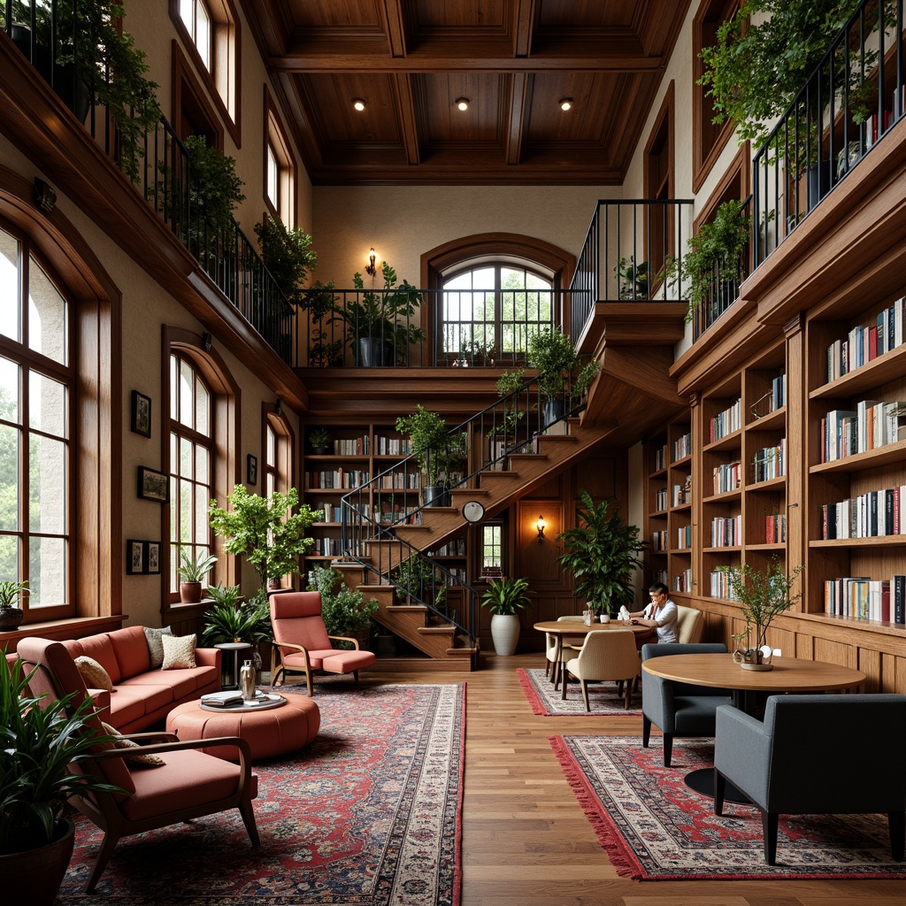 Prompt: Cozy reading nooks, vintage bookshelves, eclectic furniture, plush carpets, warm wooden accents, soft overhead lighting, comfortable seating areas, colorful rugs, whimsical decorative items, intricate architectural details, grand staircases, ornate balconies, lush greenery, floor-to-ceiling windows, natural stone walls, modern technology integration, minimalist desks, ergonomic chairs, collaborative workspaces, flexible shelving systems, adaptive storage solutions, atmospheric soundscapes, 3/4 composition, warm color palette.