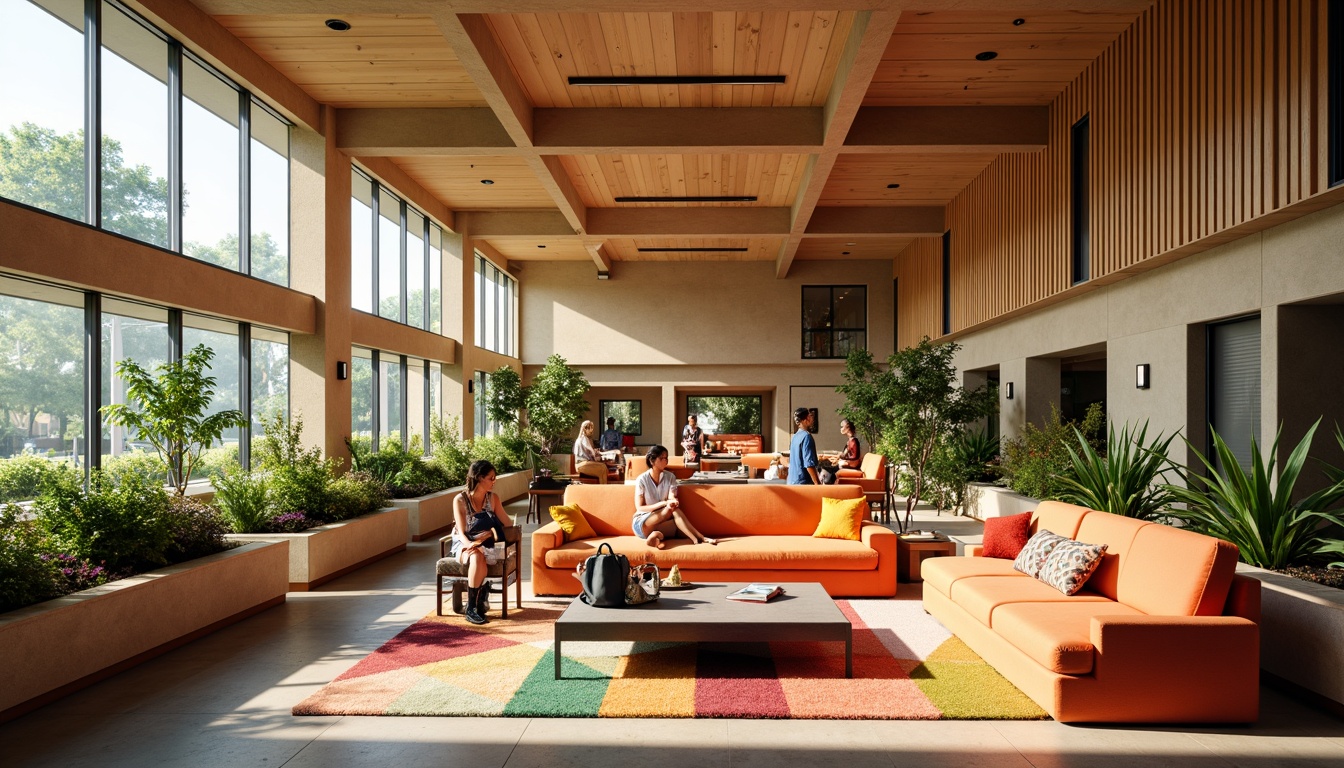 Prompt: Vibrant student lounge, bold colorful furniture, energetic atmosphere, warm beige walls, rich wood accents, lively greenery, modern minimalist decor, cozy reading nooks, plush sofas, geometric patterned rugs, natural light pouring in, large windows, soft warm lighting, shallow depth of field, 3/4 composition, panoramic view, realistic textures, ambient occlusion.