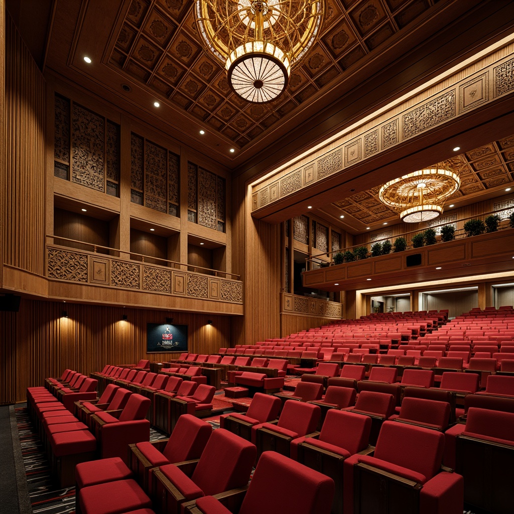 Prompt: Richly ornamented auditorium, traditional style architecture, intricately carved wooden panels, ornate golden accents, plush red velvet seats, grand chandeliers, sophisticated acoustic panels, innovative sound absorption materials, geometric patterns, subtle warm lighting, shallow depth of field, 1/1 composition, realistic textures, ambient occlusion.