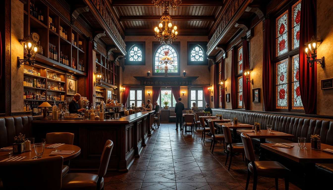 Prompt: Richly ornate pub interior, dark wood accents, heavy drapery, stained glass windows, grand chandeliers, warm candlelight, soft warm glow, cozy atmosphere, rustic stone walls, medieval-inspired architecture, luxurious velvet fabrics, intricate carvings, mysterious shadows, dramatic spotlighting, ambient occlusion, high contrast lighting, 1/2 composition, realistic textures.