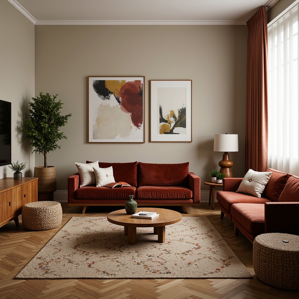 Prompt: Mid-century modern living room, plush velvet sofas, patterned rugs, woven baskets, natural wood accents, geometric-shaped coffee tables, minimalist decor, retro-inspired lamps, bold graphic prints, organic shapes, earthy color palette, warm ambient lighting, soft focus, shallow depth of field, 1/1 composition, realistic textures, subtle reflections.