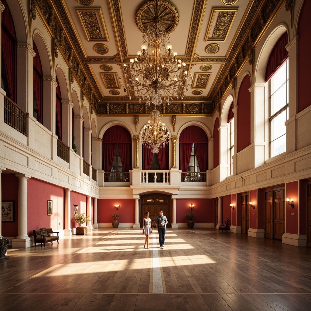 Prompt: Elegant gymnasium interior, high ceilings, ornate moldings, neoclassical columns, grand chandeliers, polished wooden floors, rich burgundy walls, cream-colored marble accents, gilded details, warm golden lighting, soft shadows, 1/2 composition, symmetrical framing, realistic textures, ambient occlusion.