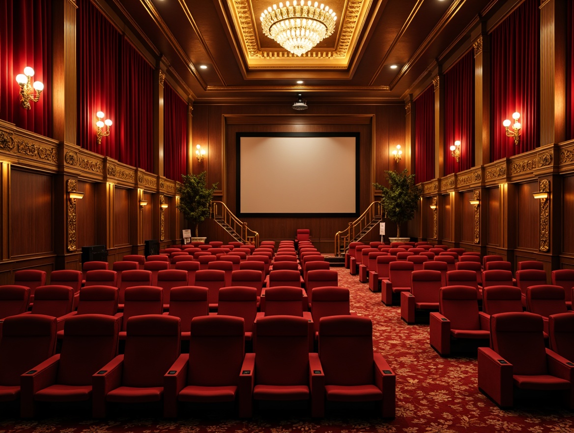 Prompt: Cozy cinema interior, warm golden lighting, rich velvet curtains, plush red seats, ornate gold details, dimmed chandeliers, soft box lights, cinematic spotlights, intimate ambiance, dark wood accents, luxurious carpets, sophisticated sound systems, grand entrance lobby, high ceilings, elegant staircases, subtle LED strips, dramatic color grading, cinematic framing, shallow depth of field, realistic textures, ambient occlusion.