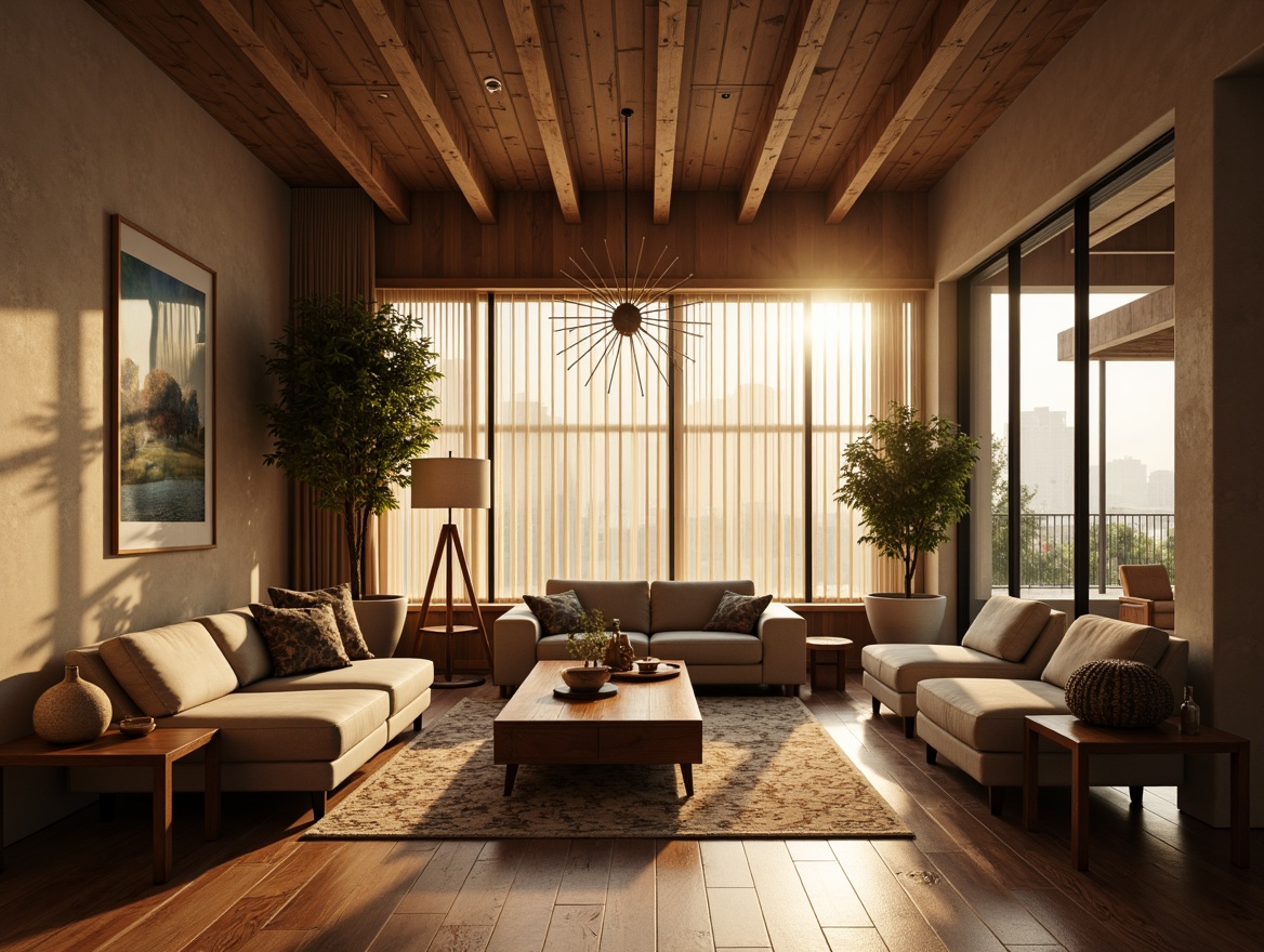 Prompt: Mid-century modern living room, warm glow, table lamps, floor lamps, sputnik chandeliers, minimalist pendant lights, natural wood accents, earthy color palette, organic shapes, low-profile sofas, geometric patterned rugs, large windows, sheer curtains, abundant natural light, soft warm lighting, 3/4 composition, shallow depth of field, realistic textures, ambient occlusion.