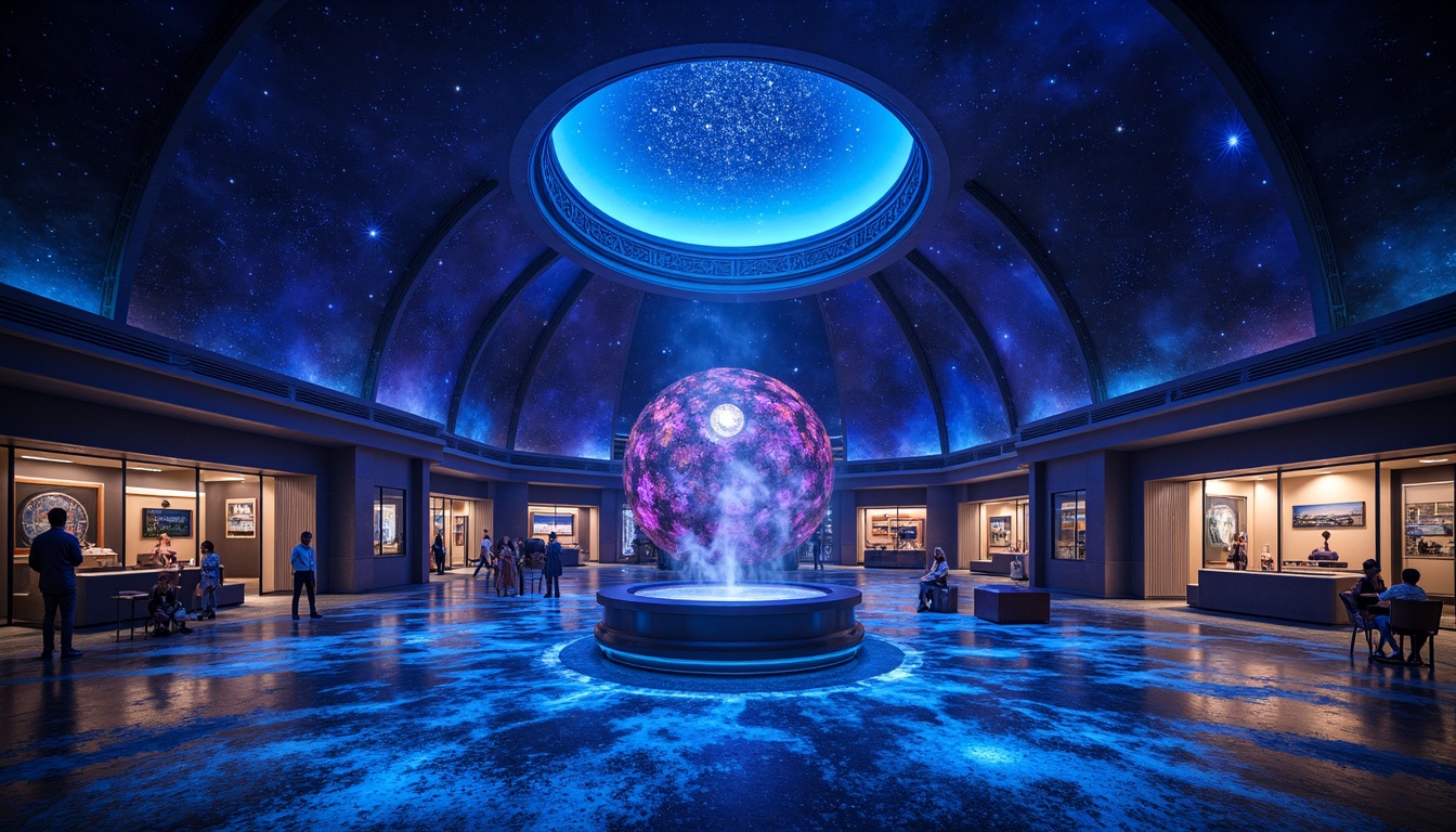 Prompt: Galactic planetarium, starry night sky, deep blues and purples, neon accents, glow-in-the-dark details, futuristic ambiance, spherical architecture, domed ceilings, interactive exhibits, space-inspired furniture, constellation patterns, aurora borealis effects, atmospheric lighting, fog machines, mystical atmosphere, otherworldly textures, celestial bodies, planetary models, educational displays.