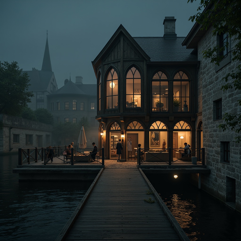 Prompt: Mysterious boathouse, Gothic arches, ornate wooden details, warm candlelight, soft lantern glow, misty waterfront atmosphere, foggy evening, rustic stone walls, wooden dock, vintage nautical elements, distressed metal accents, mysterious shadows, dramatic spotlighting, ambient mist, eerie silence, 1/1 composition, moody color palette, atmospheric perspective, cinematic lighting effects.