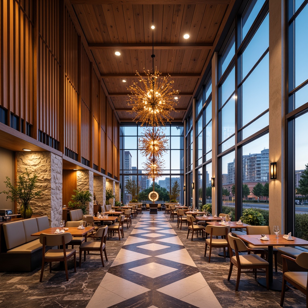 Prompt: Spacious dining hall, modern interior design, warm ambient lighting, elegant chandeliers, marble flooring, wooden tables, comfortable seating, vibrant color schemes, geometric patterns, natural stone walls, floor-to-ceiling windows, panoramic views, airy atmosphere, soft background music, 1/1 composition, shallow depth of field, realistic textures, ambient occlusion.