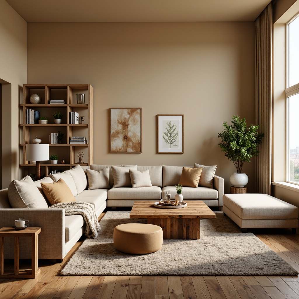 Prompt: Cozy living room, warm beige walls, comfortable sofas, reclaimed wood coffee tables, plush area rugs, floor lamps, functional shelving units, minimalist decor, calm color palette, soft natural lighting, 1/1 composition, intimate atmosphere, realistic textures, ambient occlusion.