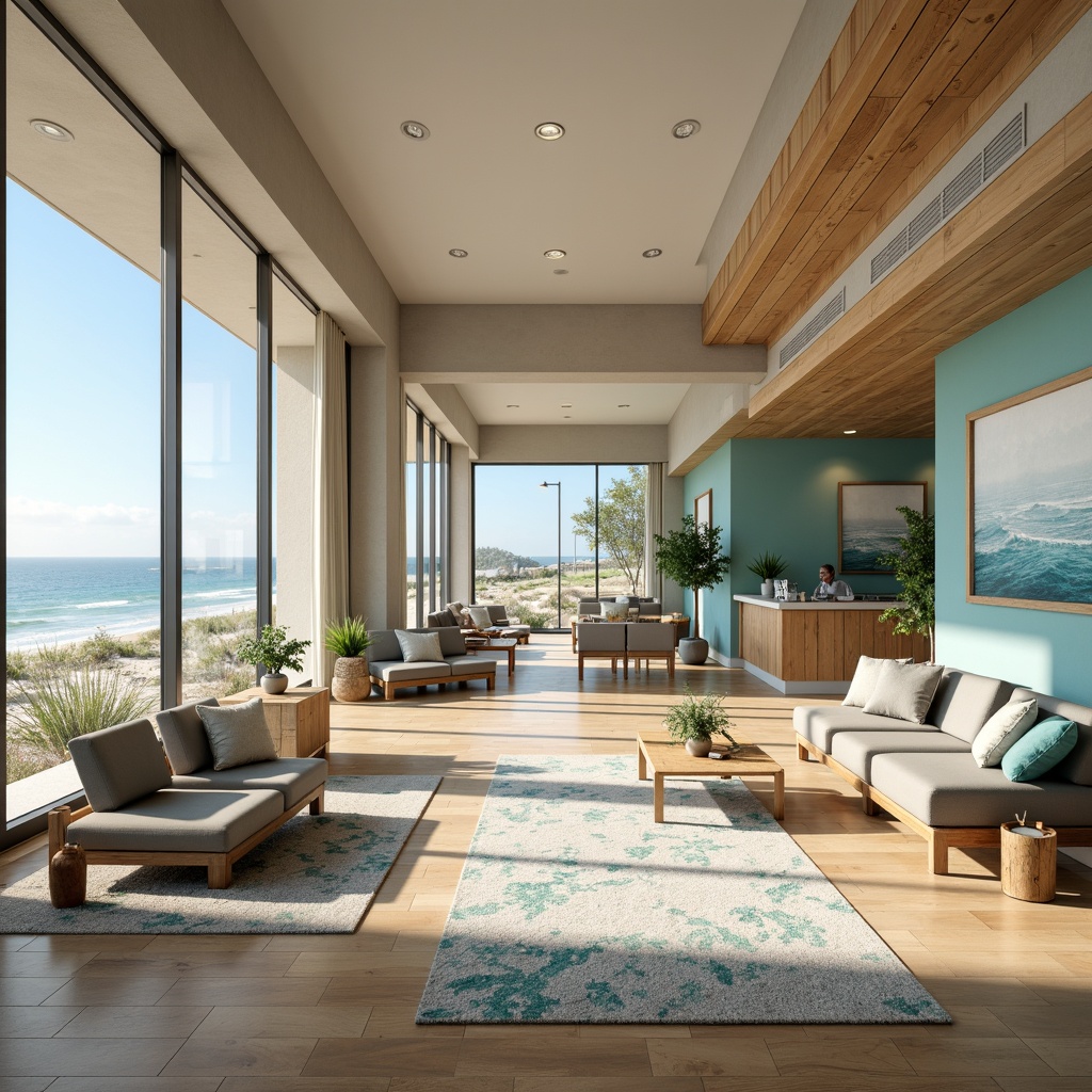 Prompt: \Sandy beach-inspired healthcare facility, calming ocean views, natural wood flooring, driftwood accents, sea-salt colored walls, wave-patterned rugs, coastal-themed artwork, soft blue-green color scheme, energy-efficient LED lighting, modern minimalist furniture, sleek metal fixtures, comfortable waiting areas, private patient rooms, acoustic soundproofing, durable water-resistant materials, easy-to-clean surfaces, anti-microbial coatings, subtle nautical motifs, refreshing natural ventilation, airy open spaces, 1/2 composition, softbox lighting, realistic textures.\