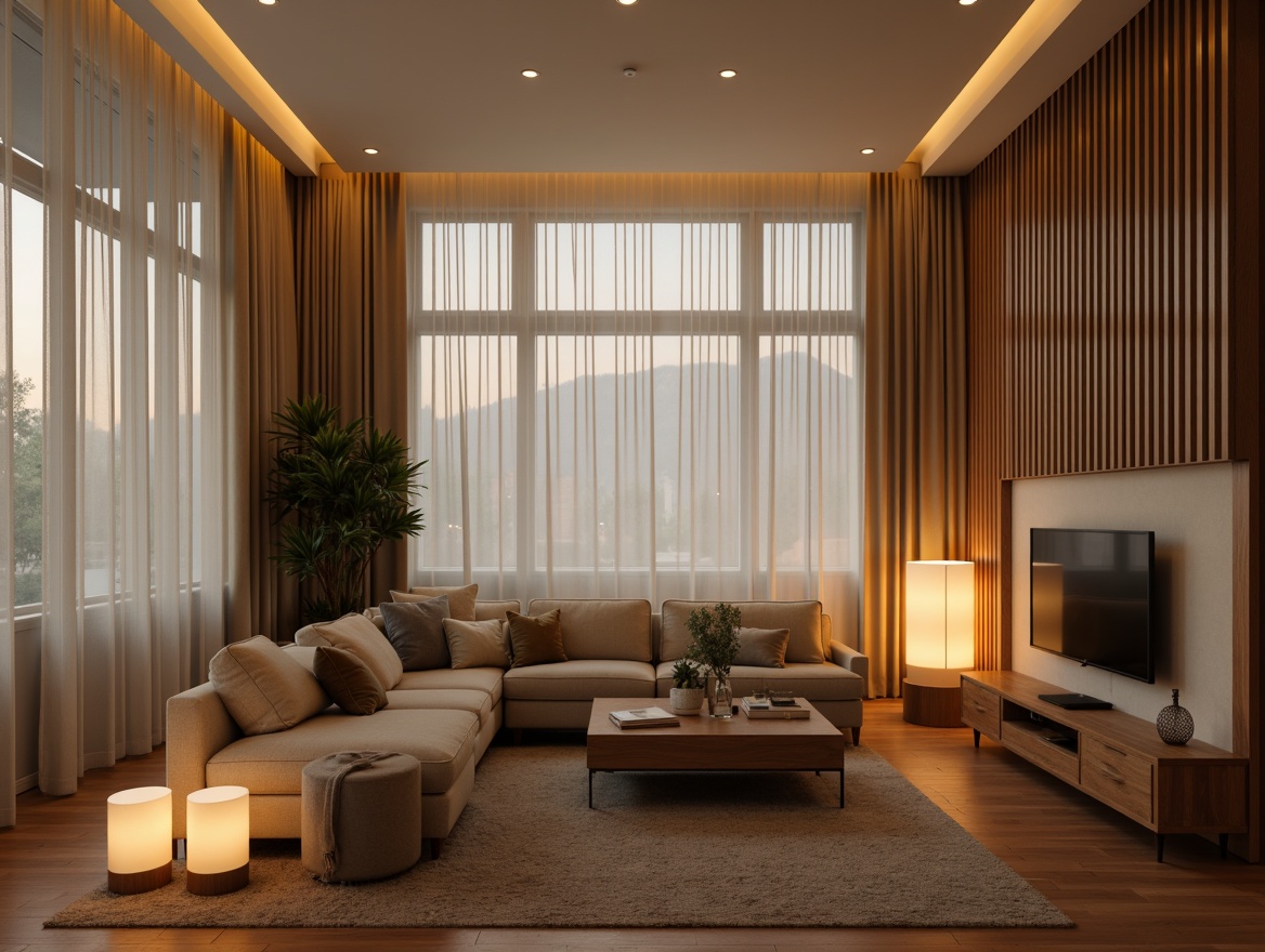 Prompt: Modern living room, comfortable seating area, warm ambient lighting, table lamps, floor lamps, pendant lights, soft warm glow, cozy atmosphere, natural wood furniture, minimalist decor, large windows, sheer curtains, subtle color palette, relaxing ambiance, warm beige tones, softbox lighting, 1/1 composition, realistic textures.