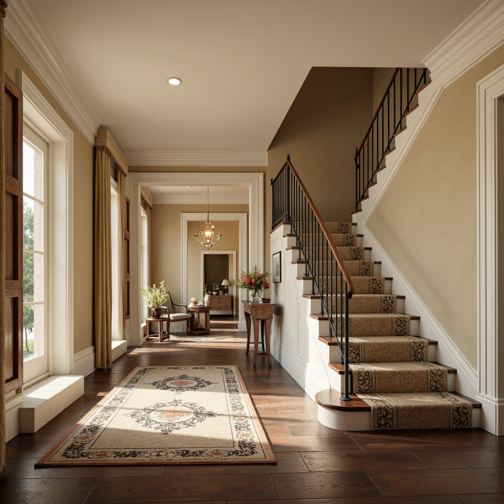 Prompt: Transitional style house, warm beige walls, creamy white trim, dark hardwood floors, rich walnut wood tone, soft plush area rugs, natural fiber sisal rug, Moroccan-inspired tile patterns, elegant staircase design, ornate metal banisters, subtle texture variation, ambient warm lighting, 1/2 composition, shallow depth of field, realistic reflections.