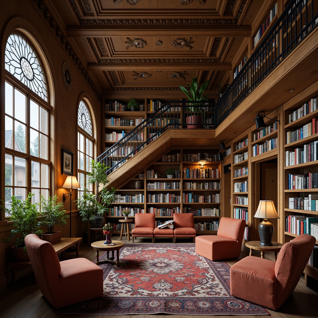 Prompt: Cozy reading nooks, eclectic book collections, vintage furniture, rustic wooden shelves, colorful rugs, warm floor lamps, plush armchairs, stained glass windows, intricate ceiling details, ornate metal railings, grand staircases, comfortable study areas, natural stone walls, rich wood paneling, soft warm lighting, 1/1 composition, realistic textures, ambient occlusion.