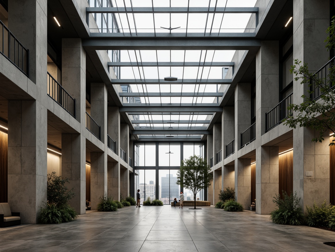 Prompt: Raw concrete walls, industrial metal beams, minimalist decor, brutalist architecture, urban cityscape, overcast skies, soft diffused natural light, clerestory windows, skylights, reflective surfaces, polished concrete floors, reclaimed wood accents, greenery installations, living walls, vertical gardens, subtle color palette, muted textures, dramatic shadows, high contrast ratios, 1/2 composition, atmospheric perspective, cinematic lighting, ambient occlusion.