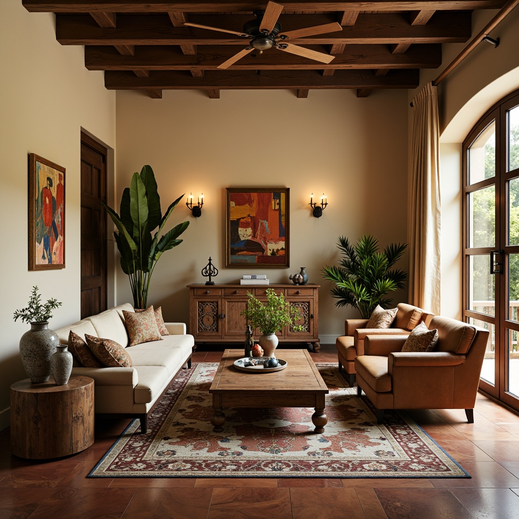 Prompt: Cozy living room, Mediterranean-inspired decor, warm beige walls, dark wood flooring, plush area rugs, comfortable sofas, distressed leather armchairs, ornate wooden coffee tables, colorful ceramic vases, lush green plants, natural fiber textiles, rustic metal lanterns, soft warm lighting, 1/2 composition, shallow depth of field, realistic reflections.