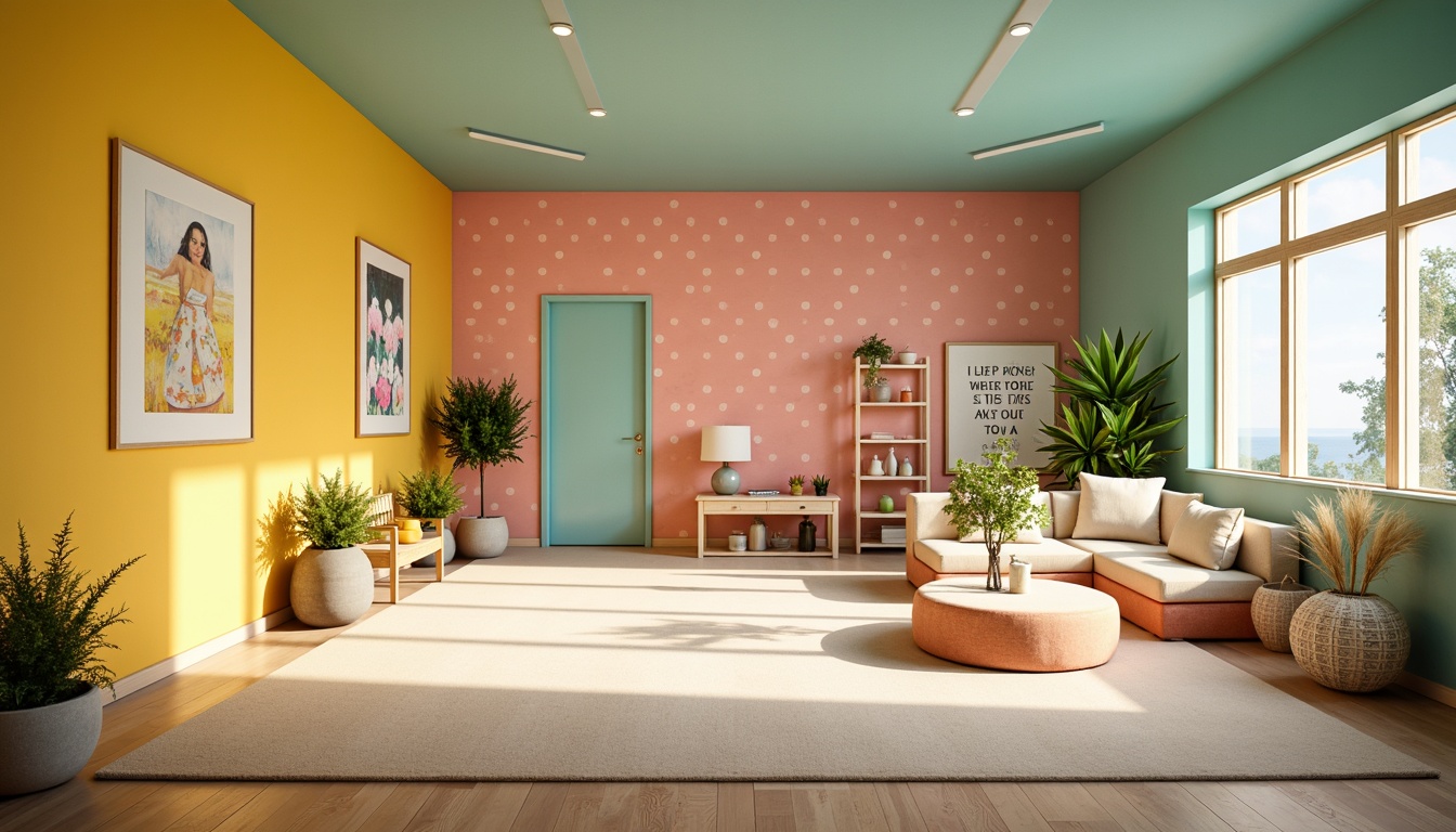 Prompt: Vibrant yellow walls, soft pink accents, calming turquoise ceilings, warm beige floors, playful polka dots, whimsical floral patterns, natural light pouring in, airy open spaces, minimalist decor, sleek modern furniture, lush green plants, joyful abstract art, uplifting motivational quotes, comfortable plush textiles, soothing pastel hues, refreshing citrus colors, lively coral shades, bright sunny day, gentle warm lighting, shallow depth of field, 3/4 composition, panoramic view, realistic textures, ambient occlusion.