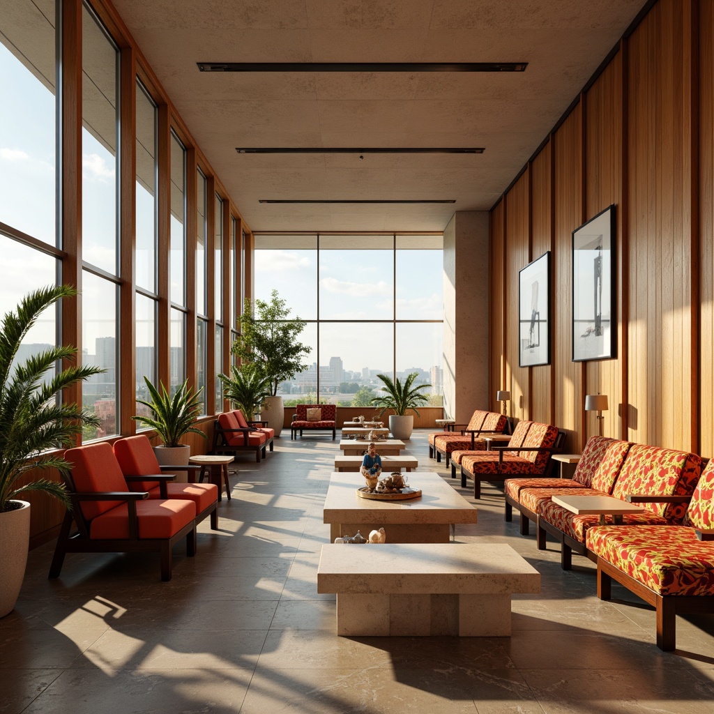 Prompt: Warm airport lounge, mid-century modern interior design, comfortable seating areas, sleek wooden furniture, patterned textiles, vibrant colorful upholstery, geometric-shaped coffee tables, polished marble floors, natural stone walls, large windows, soft warm lighting, shallow depth of field, 3/4 composition, panoramic view, realistic textures, ambient occlusion.