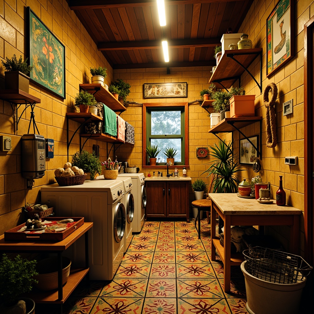 Prompt: Vibrant laundry room, eclectic expressionist decor, warm golden lighting, ornate metal fixtures, colorful ceramic tiles, distressed wooden accents, vintage washing machines, retro-style drying racks, playful textiles, bold geometric patterns, softbox lights, warm white LEDs, dramatic shadows, high contrast ratios, 1/2 composition, shallow depth of field, cinematic atmosphere, realistic fabric textures.