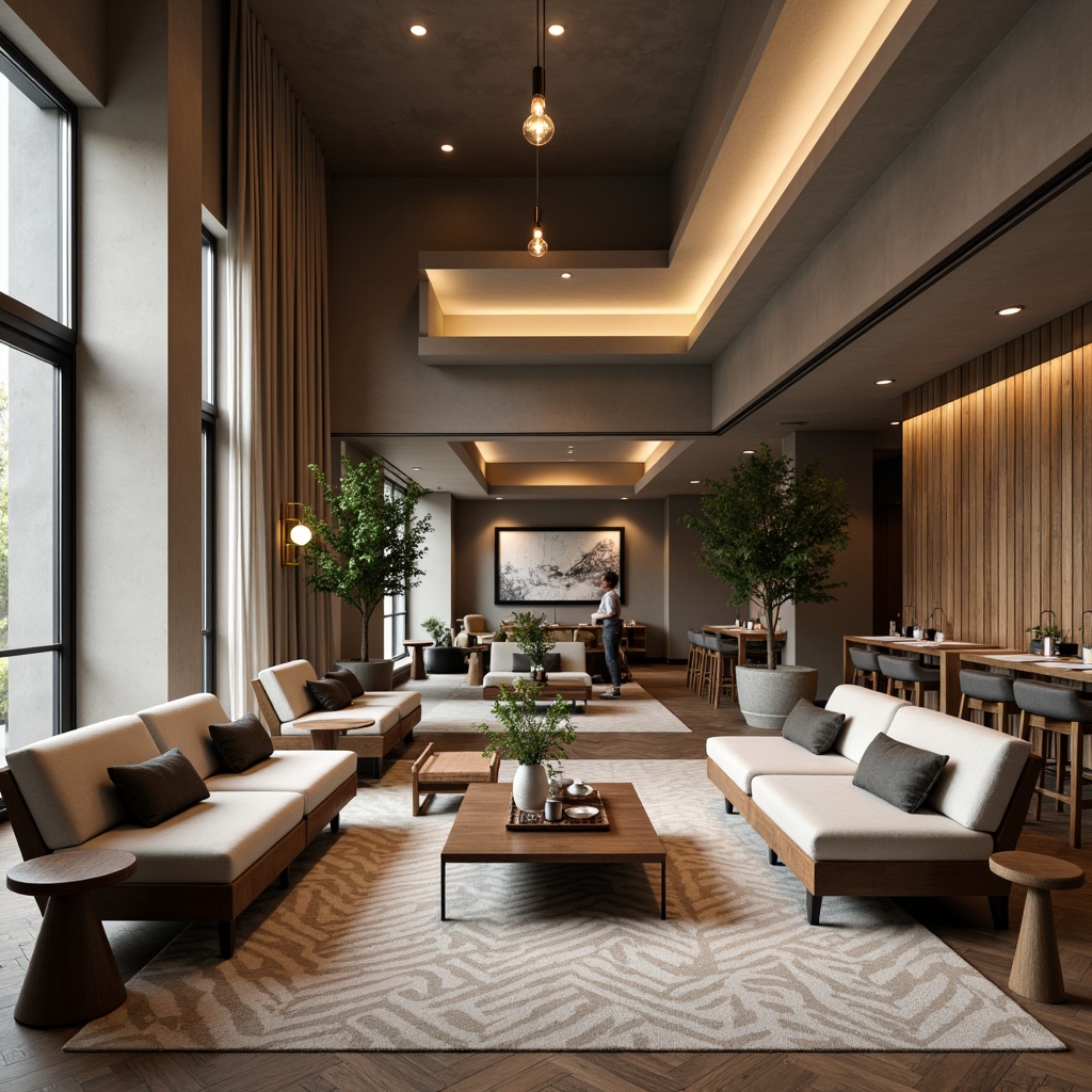 Prompt: Minimalist hotel lobby, sleek low-profile sofas, minimalist coffee tables, geometric-patterned rugs, industrial-chic lighting fixtures, reclaimed wood accent walls, sparse greenery, modern art pieces, neutral color palette, soft warm ambient lighting, 1/1 composition, shallow depth of field, realistic textures, subtle reflections.