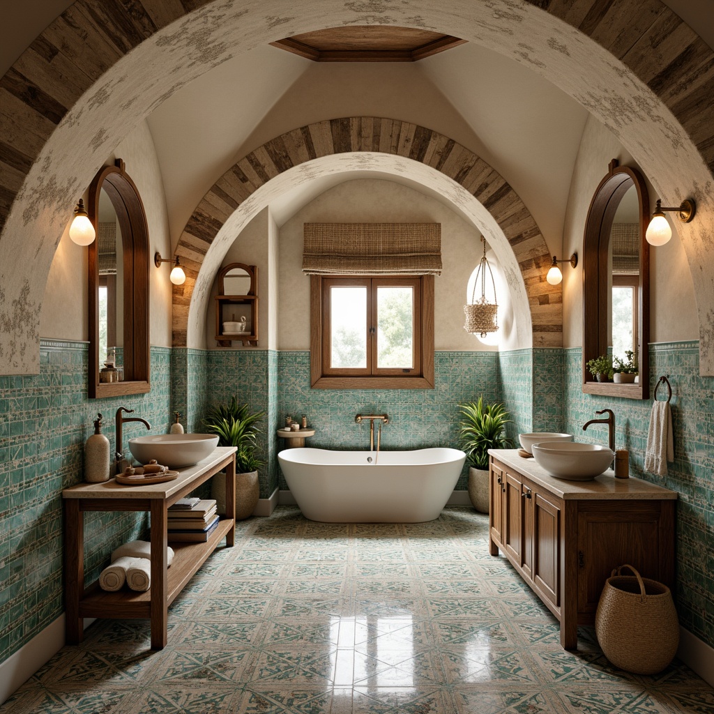 Prompt: Mediterranean-style bathroom, ornate ceramic tiles, turquoise accents, ocean-inspired mosaics, natural stone textures, earthy color palette, rustic wooden cabinets, vintage bronze fixtures, elegant arches, curved lines, warm ambient lighting, soft focus, 1/2 composition, realistic reflections, detailed normal maps.