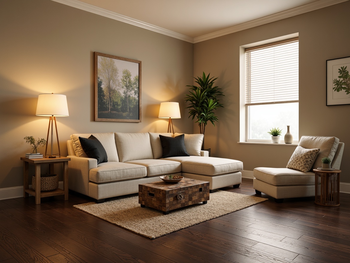 Prompt: Comfortable living room, warm beige walls, dark wood flooring, plush sectional sofa, accent chairs, tufted ottoman, floor lamps, table lamps, natural fiber rugs, woven baskets, rich wood coffee table, decorative vases, greenery, modern art pieces, soft warm lighting, shallow depth of field, 1/1 composition, realistic textures, ambient occlusion.