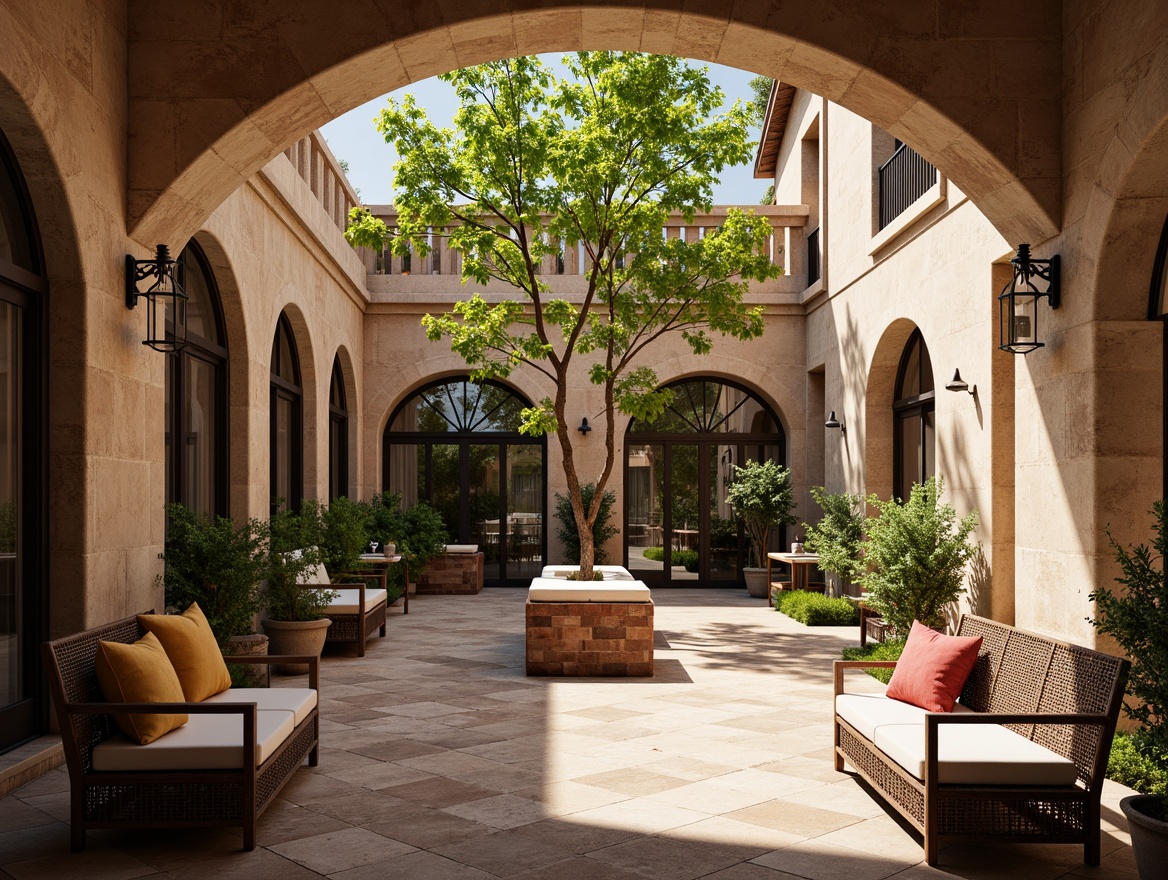 Prompt: Rustic university courtyard, weathered stone walls, ornate iron gates, lush greenery, vibrant bougainvillea, wooden benches, distressed wood accents, warm beige stucco buildings, curved archways, decorative tile work, earthy color palette, natural textiles, woven wicker furniture, plush velvet cushions, aged bronze hardware, lantern-style lighting, warm soft glow, shallow depth of field, 1/1 composition, realistic textures, ambient occlusion.