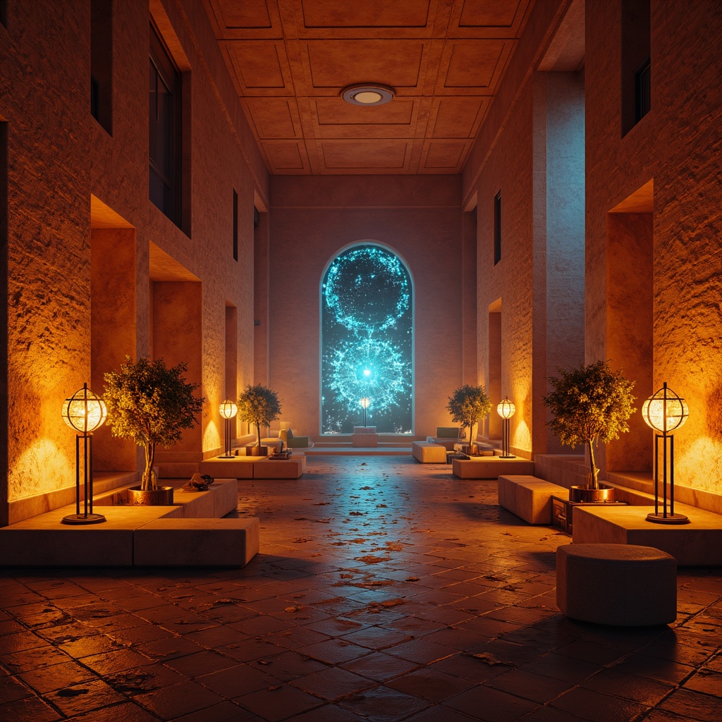 Prompt: Monastery futuristic interior, dimly lit ambiance, warm golden lighting, terracotta red walls, rustic stone floors, minimalist furniture, metallic accents, holographic projections, neon blue highlights, iridescent glass mosaics, ancient artifacts, sacred relics, cyberpunk nuances, atmospheric misting, soft focus, cinematic composition, 1/2 framing, warm color grading.