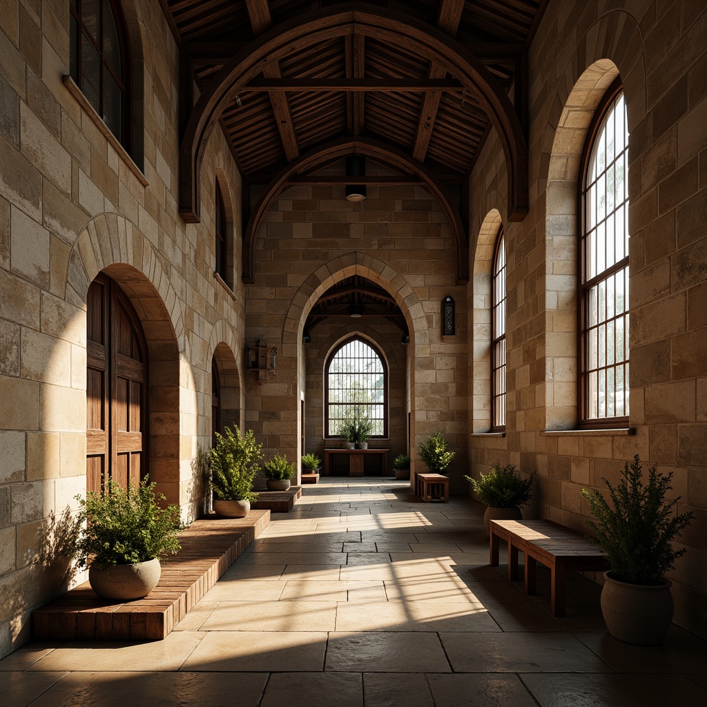 Prompt: Rustic monastery walls, distressed stone textures, earthy color palette, ornate wooden accents, intricate carvings, stained glass windows, grand archways, vaulted ceilings, medieval-inspired architecture, mysterious ambiance, soft warm lighting, dramatic shadows, high contrast ratio, 1/1 composition, symmetrical framing, realistic render, ambient occlusion.