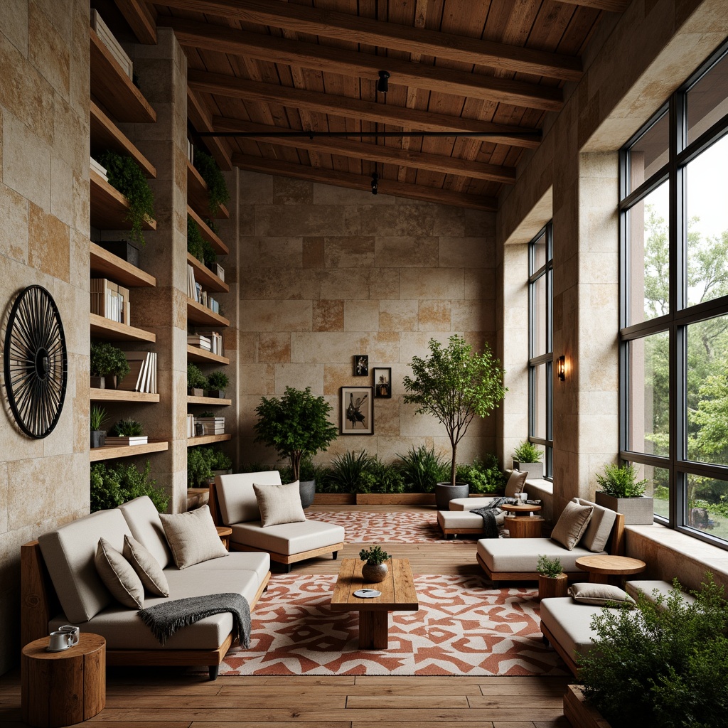 Prompt: Rustic modern interior, textured walls, earthy tones, natural stone accents, wooden flooring, cozy reading nooks, floor-to-ceiling windows, soft warm lighting, shallow depth of field, 1/1 composition, realistic textures, ambient occlusion, plush throw blankets, vibrant greenery, industrial-chic decor, metal-edged furniture, reclaimed wood shelves, geometric patterned rugs.