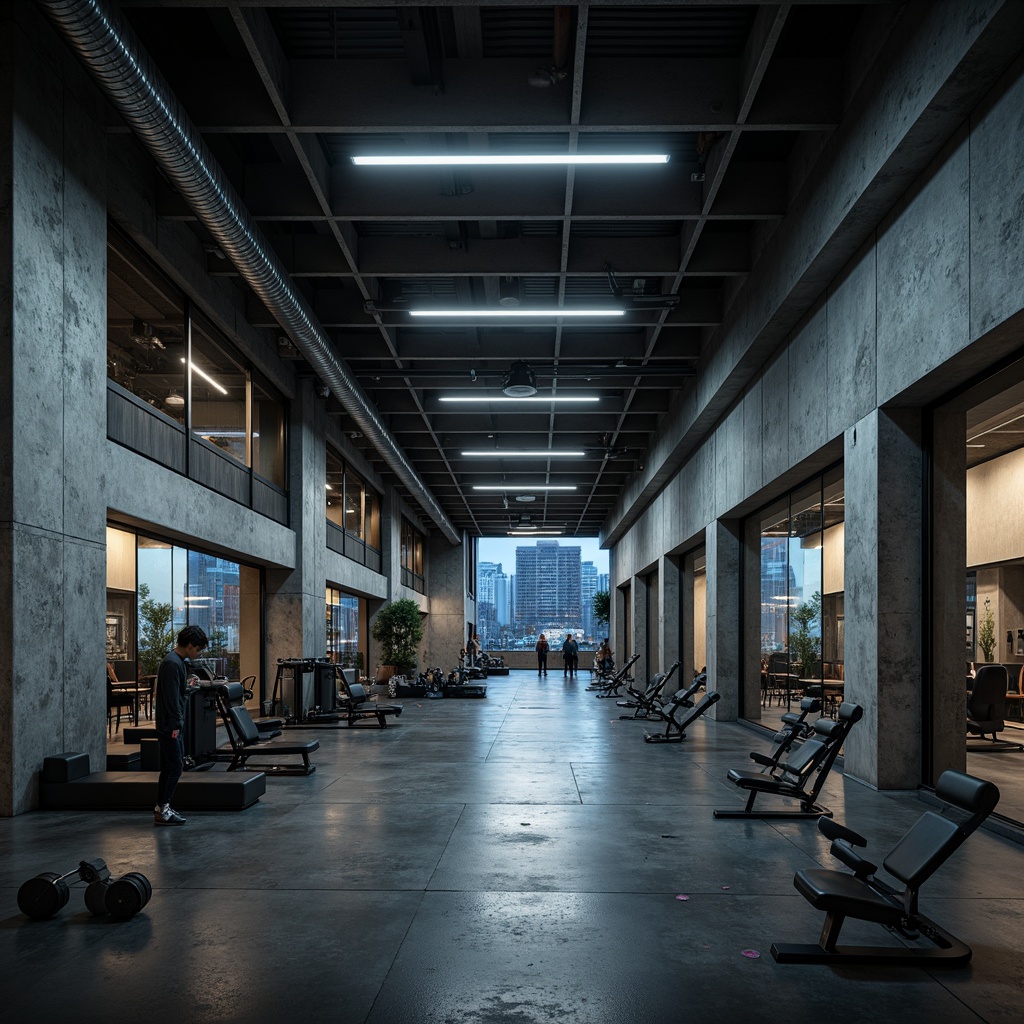 Prompt: Raw concrete walls, industrial metal beams, brutalist architecture, dimly lit spaces, neon-lit signage, minimalist decor, functional equipment, free weights, exercise machines, mirrored walls, polished concrete floors, urban cityscape views, nighttime ambiance, high-contrast lighting, shallow depth of field, 2/3 composition, realistic textures, ambient occlusion.