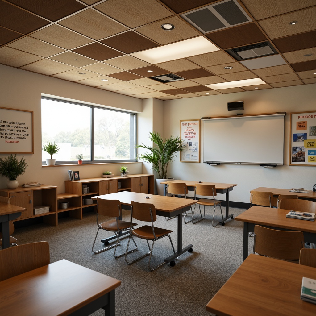 Prompt: Cozy classroom, sound-absorbing panels, acoustic ceilings, minimal reverberation, comfortable seating, wooden desks, ergonomic chairs, soft warm lighting, calm atmosphere, natural wood tones, creative bulletin boards, inspirational quotes, educational posters, interactive whiteboards, collaborative learning spaces, quiet reading nooks, soft carpeting, subtle color schemes, 1/1 composition, shallow depth of field, realistic textures, ambient occlusion.