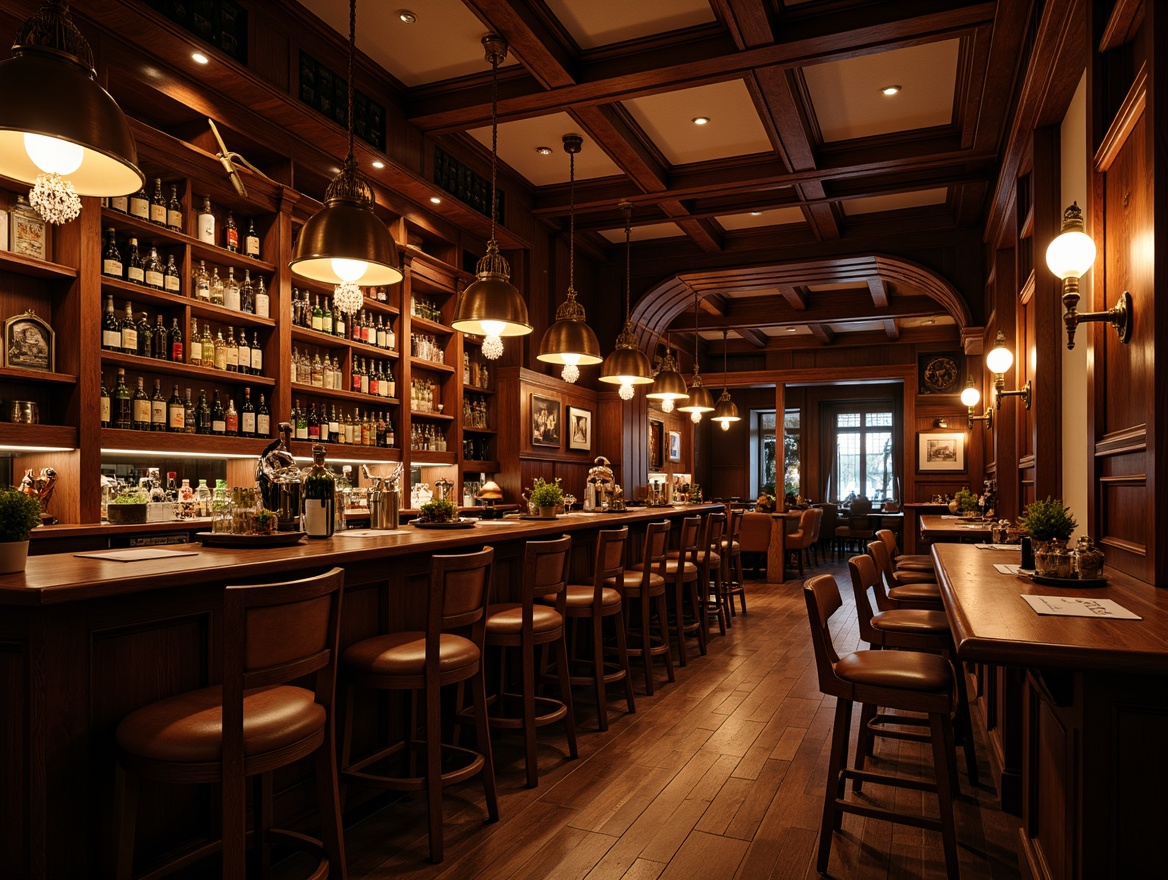 Prompt: Warm traditional bar, rich wood tones, ornate furnishings, dimmable pendant lights, bronze metal shades, vintage-inspired sconces, warm white LED bulbs, cozy ambiance, rustic wooden tables, comfortable leather stools, classic beer taps, nostalgic memorabilia, warm color palette, soft shadows, 1/2 composition, realistic textures, ambient occlusion.